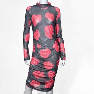 Sheer Floral Rose Ruched Midi Dress Womens XL Long Sleeve Mock Neck Sexy
